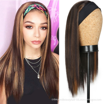 Ombre Highlight Colored Full Machine Made Wig Peruvian Remy Gluesless Straight Brown Headband Synthetic Hair Wig 180 Density
